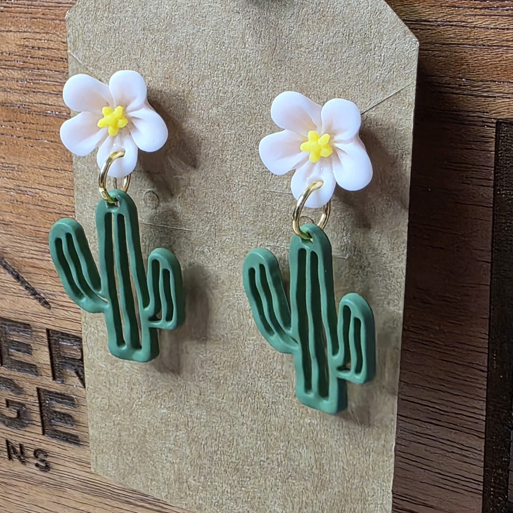 Green Cactus and Light Pink Flower Earrings